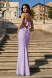 Yellow Spaghetti Straps Sheath Satin Open Back Long Prom Dresses