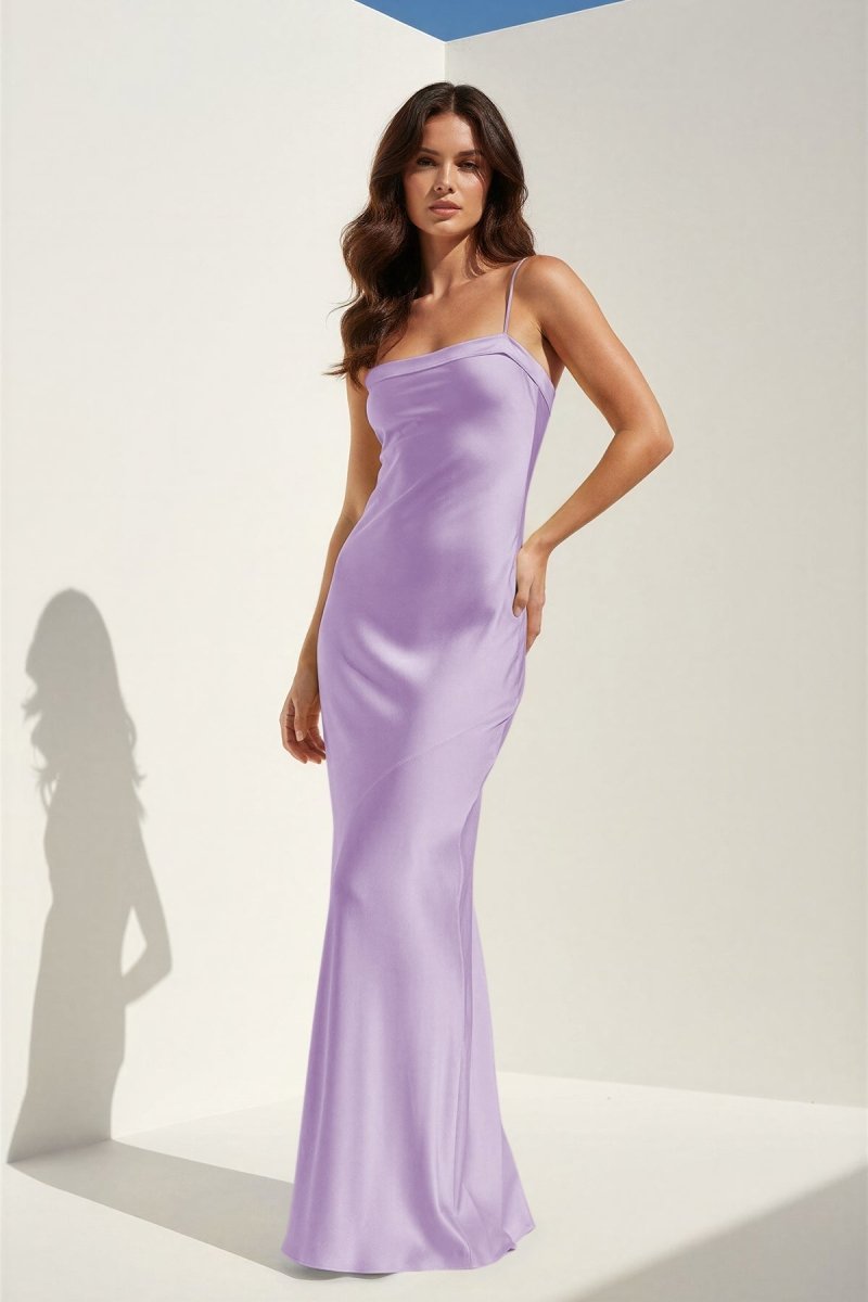 Yellow Spaghetti Straps Sheath Satin Open Back Long Prom Dresses