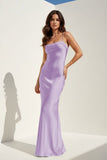 Yellow Spaghetti Straps Sheath Satin Open Back Long Prom Dresses