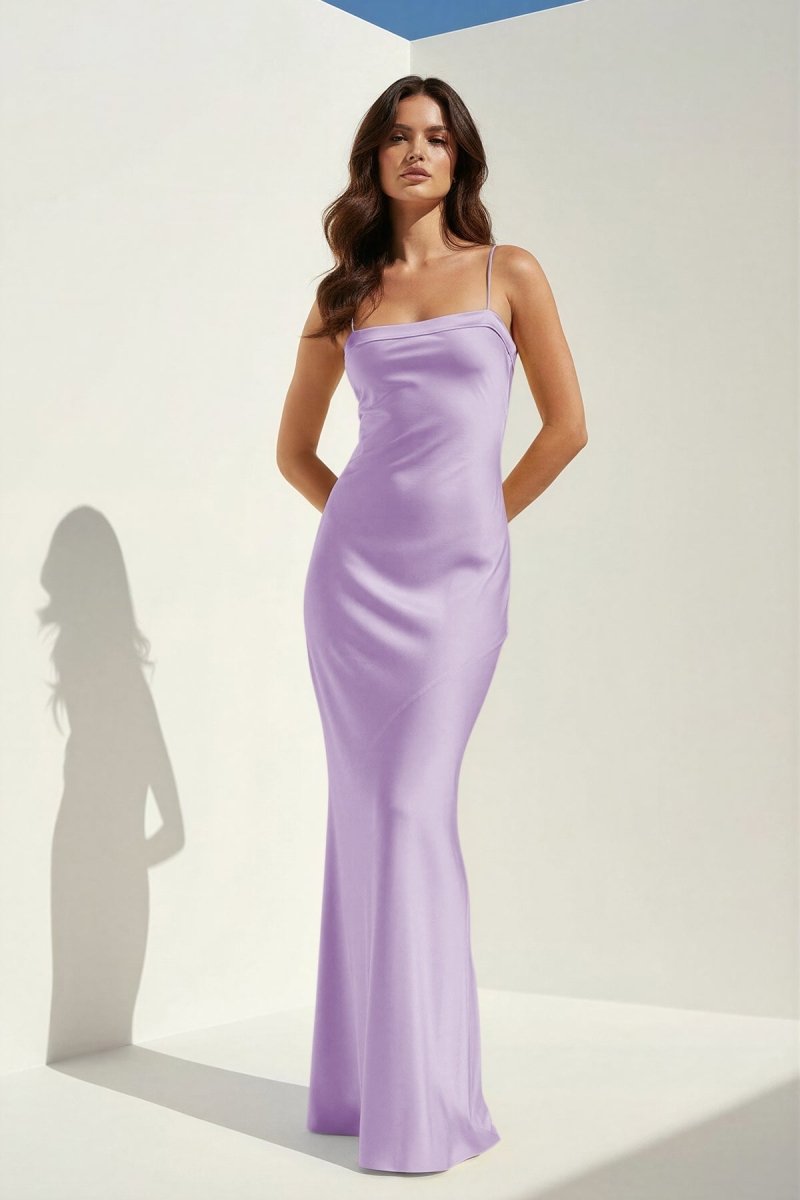 Yellow Spaghetti Straps Sheath Satin Open Back Long Prom Dresses
