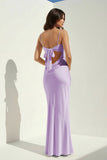 Yellow Spaghetti Straps Sheath Satin Open Back Long Prom Dresses