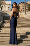 Yellow Spaghetti Straps Sheath Satin Open Back Long Prom Dresses