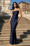 Yellow Spaghetti Straps Sheath Satin Open Back Long Prom Dresses