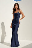 Yellow Spaghetti Straps Sheath Satin Open Back Long Prom Dresses