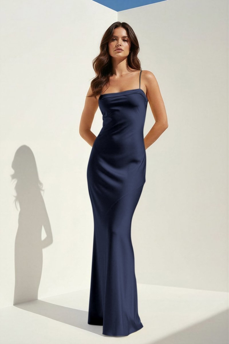 Yellow Spaghetti Straps Sheath Satin Open Back Long Prom Dresses