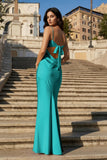 Yellow Spaghetti Straps Sheath Satin Open Back Long Prom Dresses