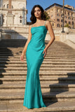 Yellow Spaghetti Straps Sheath Satin Open Back Long Prom Dresses