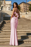 Yellow Spaghetti Straps Sheath Satin Open Back Long Prom Dresses