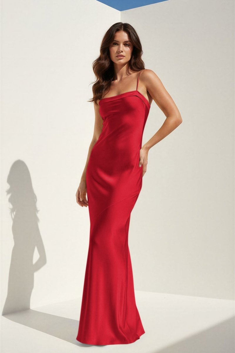Yellow Spaghetti Straps Sheath Satin Open Back Long Prom Dresses