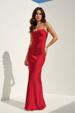 Yellow Spaghetti Straps Sheath Satin Open Back Long Prom Dresses