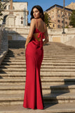 Yellow Spaghetti Straps Sheath Satin Open Back Long Prom Dresses