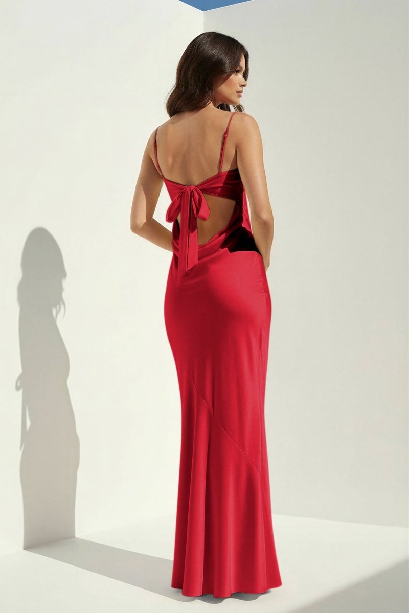Yellow Spaghetti Straps Sheath Satin Open Back Long Prom Dresses