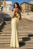 Yellow Spaghetti Straps Sheath Satin Open Back Long Prom Dresses