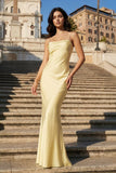 Yellow Spaghetti Straps Sheath Satin Open Back Long Prom Dresses