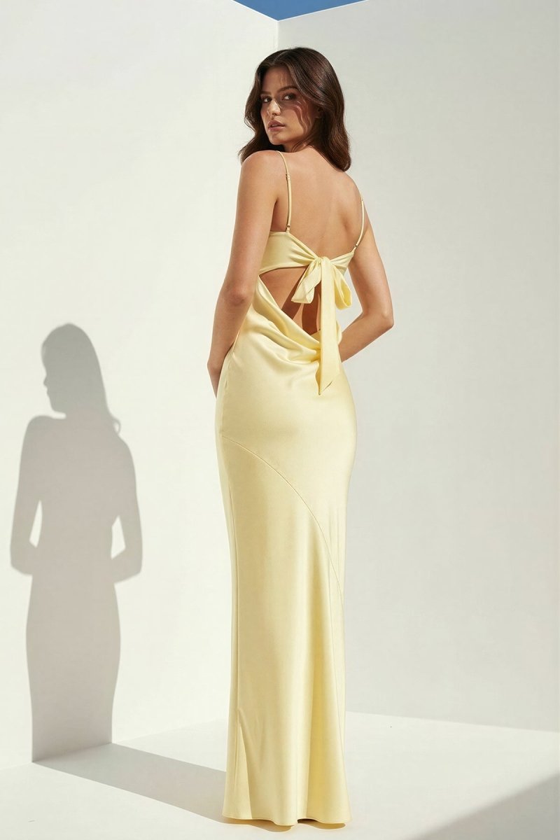 Yellow Spaghetti Straps Sheath Satin Open Back Long Prom Dresses