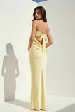 Yellow Spaghetti Straps Sheath Satin Open Back Long Prom Dresses