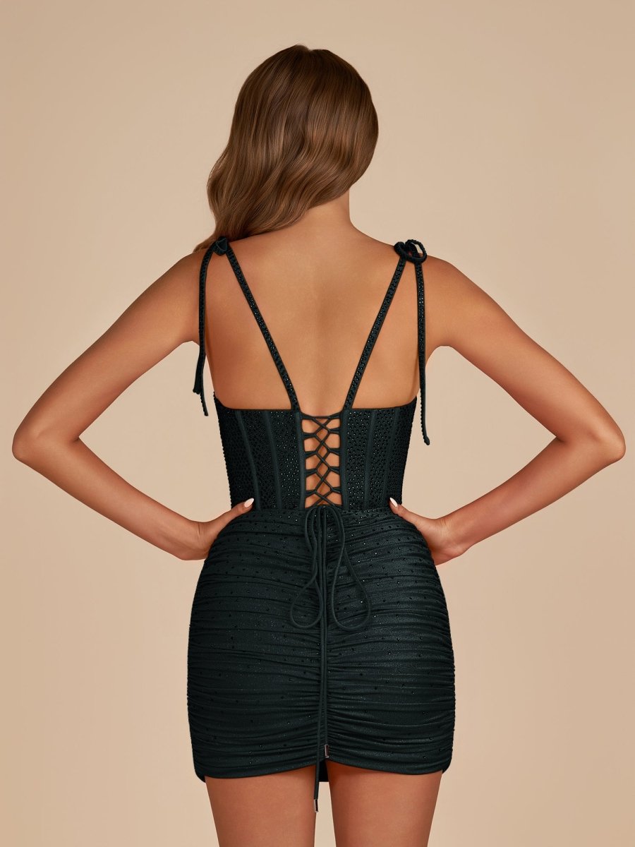Black Bodycon Scoop Neck Beaded Satin Corset Homecoming Dresses with Bow Straps
