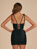 Black Bodycon Scoop Neck Beaded Satin Corset Homecoming Dresses with Bow Straps