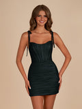 Black Bodycon Scoop Neck Beaded Satin Corset Homecoming Dresses with Bow Straps