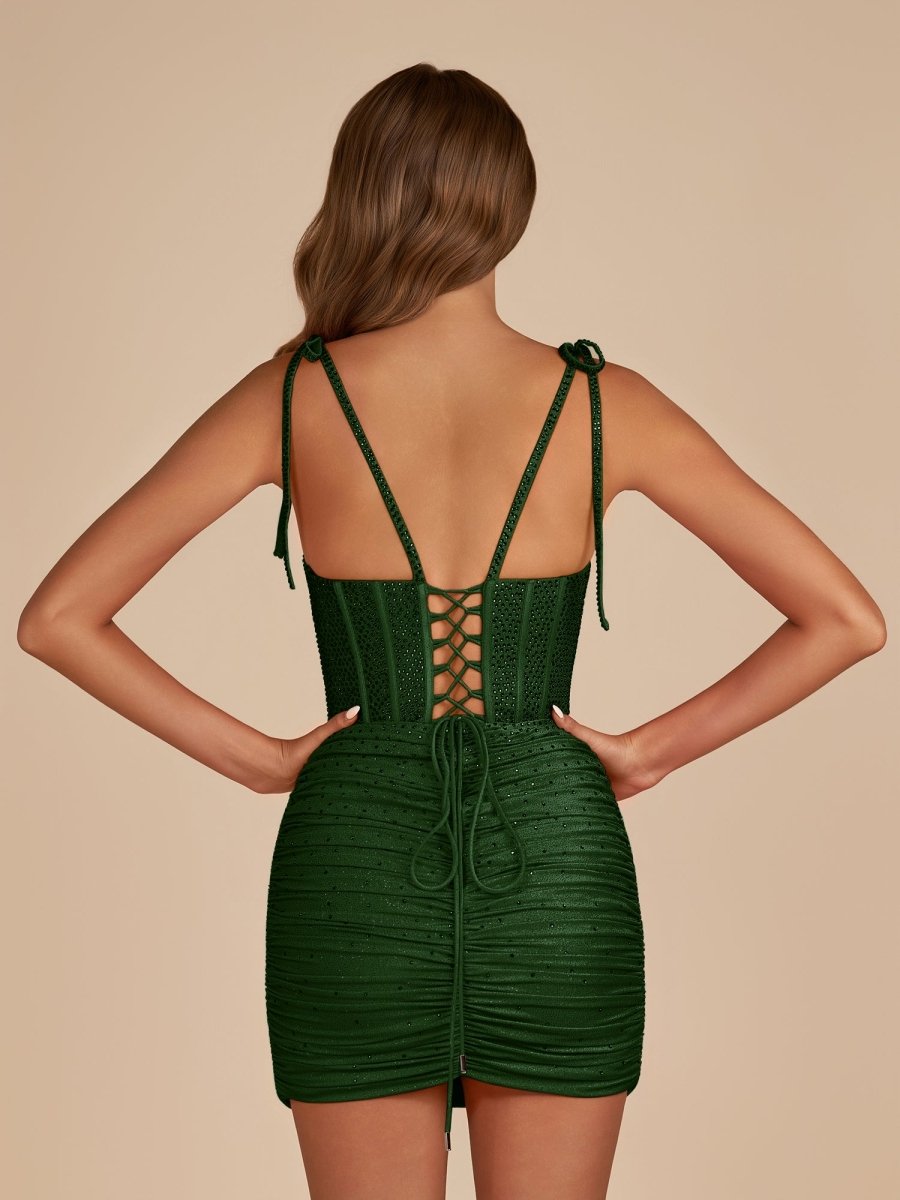 Black Bodycon Scoop Neck Beaded Satin Corset Homecoming Dresses with Bow Straps