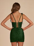 Black Bodycon Scoop Neck Beaded Satin Corset Homecoming Dresses with Bow Straps