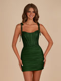 Black Bodycon Scoop Neck Beaded Satin Corset Homecoming Dresses with Bow Straps