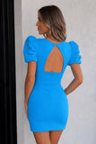 Cobalt Blue Plunge V Bodycon Short Dress with Puff Sleeves