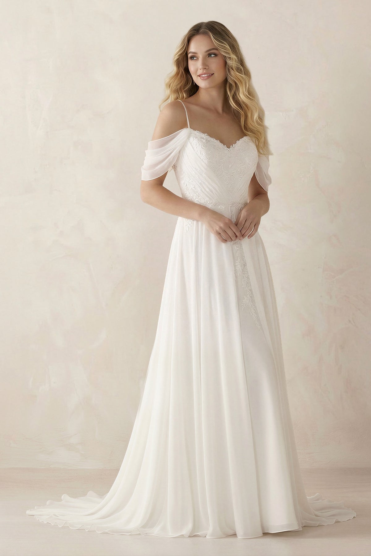 A-Line Spaghetti Straps Off-the-Shoulder Sweep Train Wedding Dress