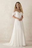 A-Line Spaghetti Straps Off-the-Shoulder Sweep Train Wedding Dress