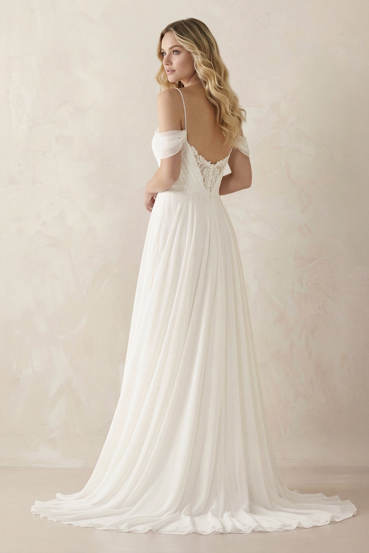 A-Line Spaghetti Straps Off-the-Shoulder Sweep Train Wedding Dress