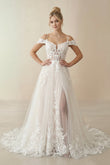 Ivory Detachable Sleeve High Slit A-Line Wedding Dress with Appliques