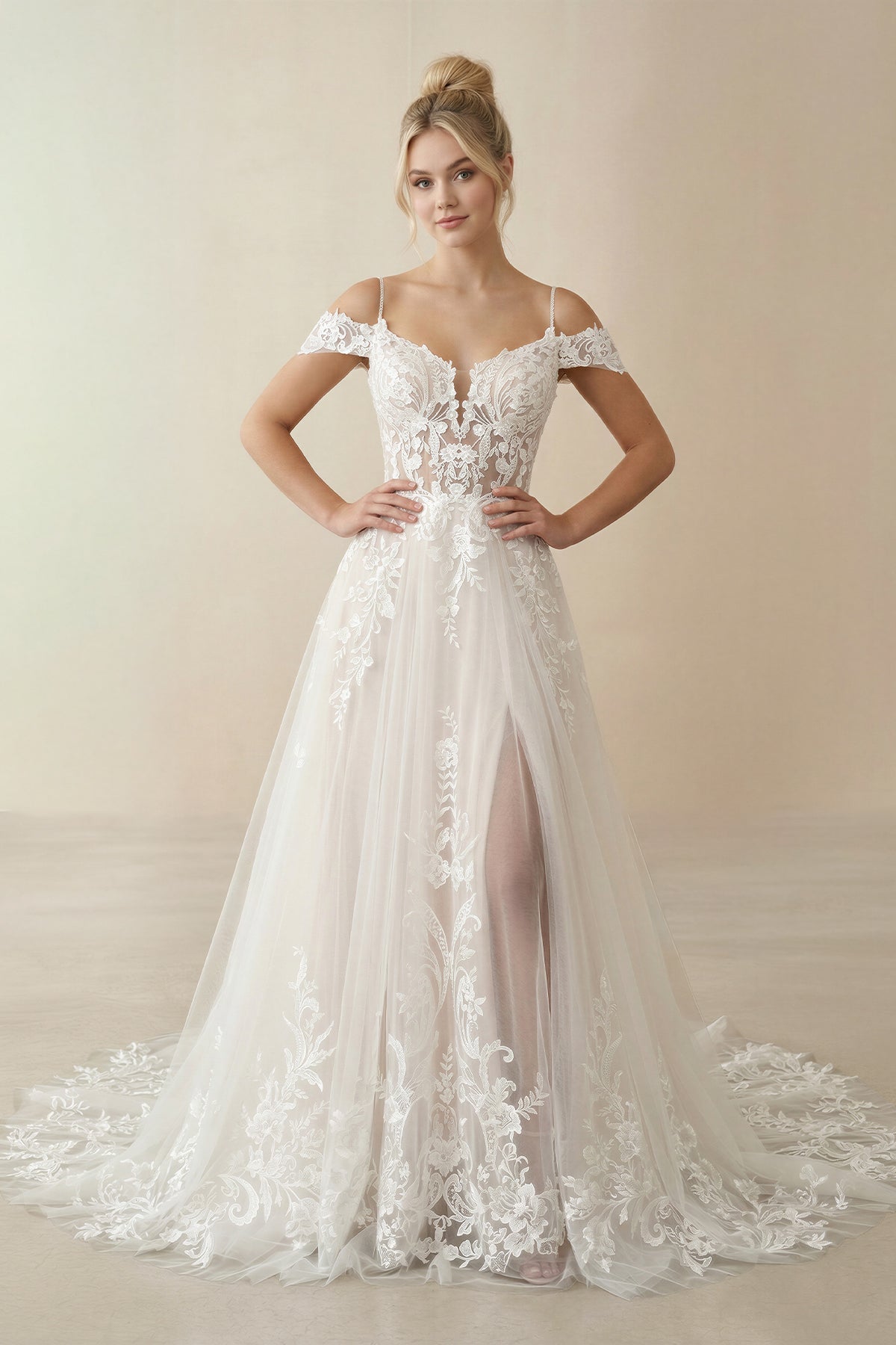 Ivory Detachable Sleeve High Slit A-Line Wedding Dress with Appliques