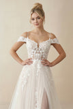 Ivory Detachable Sleeve High Slit A-Line Wedding Dress with Appliques