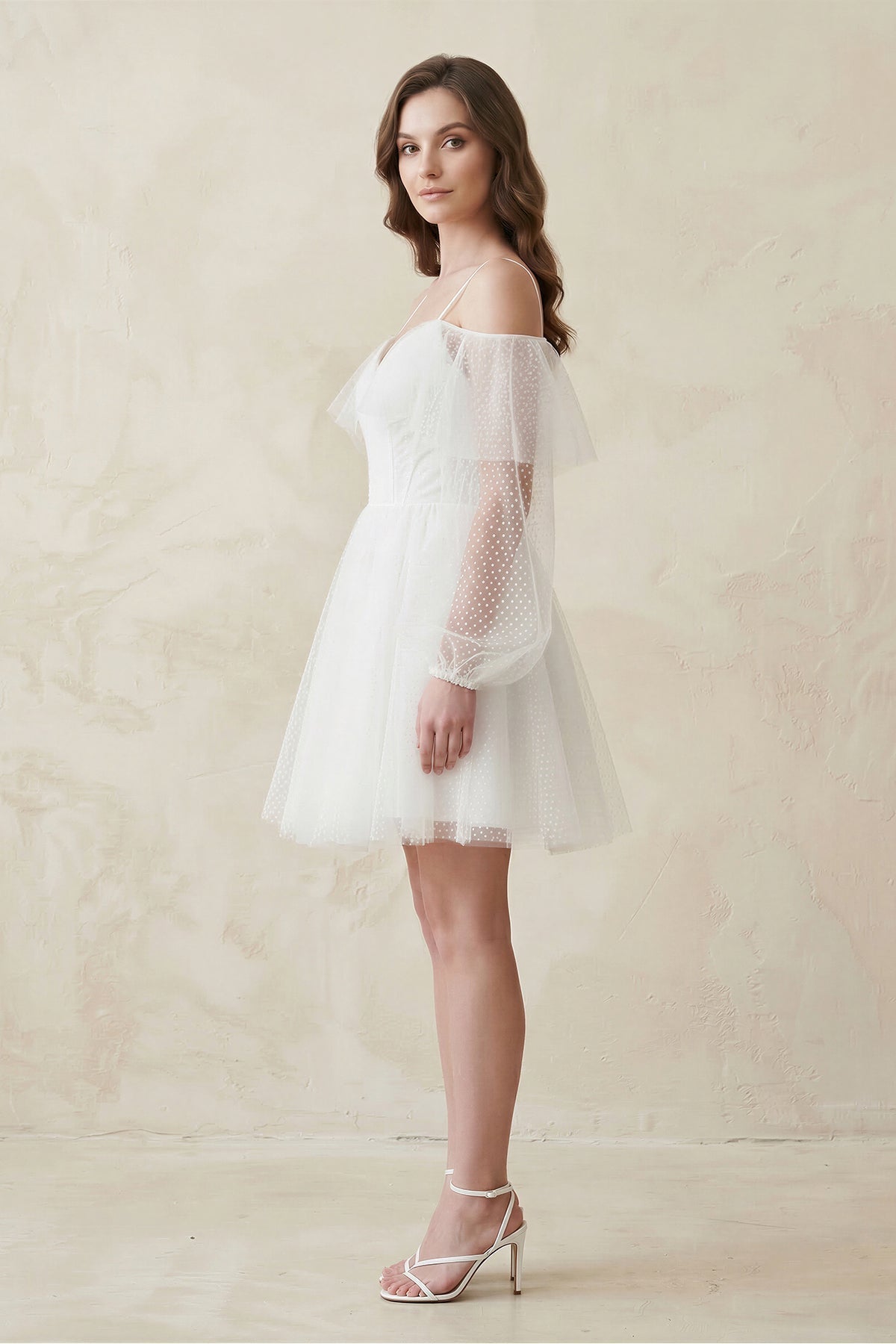 Cold-Shoulder A-Line Tulle Mini Wedding Dress With Sleeves in White