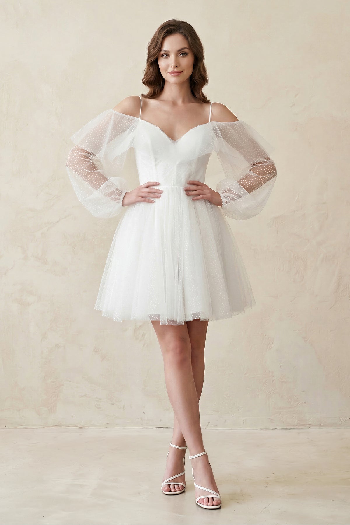 Cold-Shoulder A-Line Tulle Mini Wedding Dress With Sleeves in White