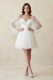 Cold-Shoulder A-Line Tulle Mini Wedding Dress With Sleeves in White