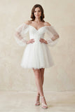 Cold-Shoulder A-Line Tulle Mini Wedding Dress With Sleeves in White