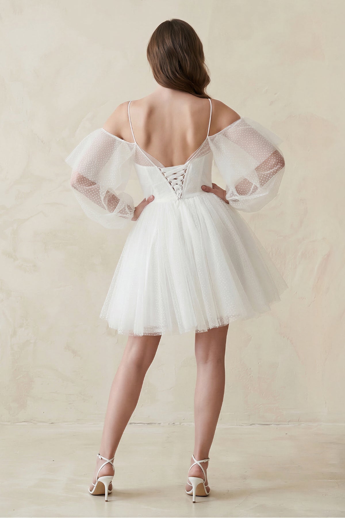 Cold-Shoulder A-Line Tulle Mini Wedding Dress With Sleeves in White