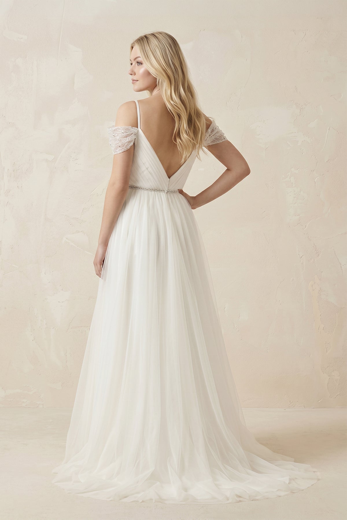 Cold Shoulder Tulle A-Line Ruched Wedding Dress in White