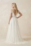 Cold Shoulder Tulle A-Line Ruched Wedding Dress in White