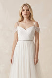 Cold Shoulder Tulle A-Line Ruched Wedding Dress in White