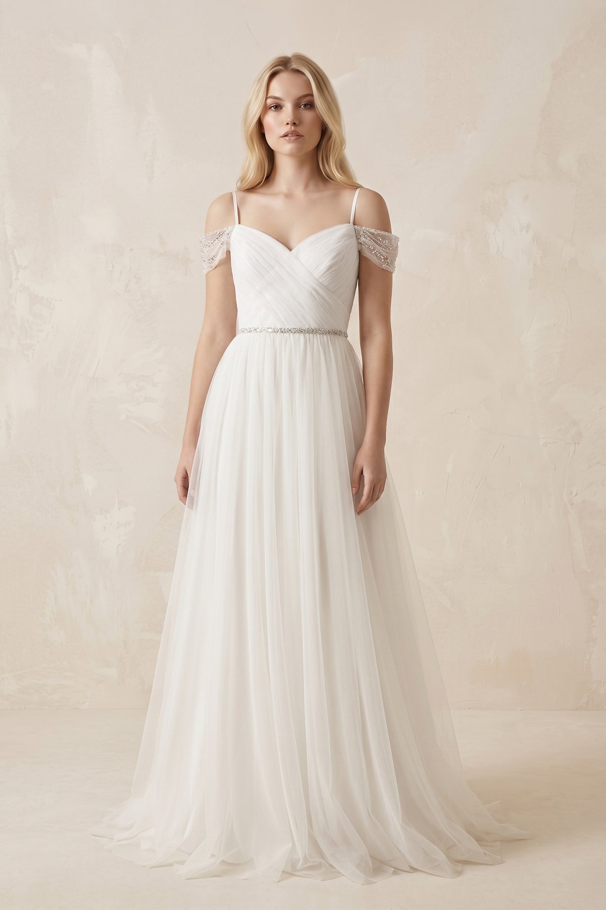 Cold Shoulder Tulle A-Line Ruched Wedding Dress in White