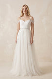 Cold Shoulder Tulle A-Line Ruched Wedding Dress in White