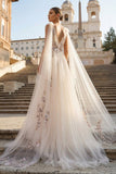 A-line Tulle Embroidery Deep-V Neck Floor-Length Prom Dresses