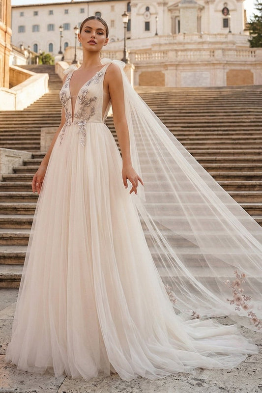 A-line Tulle Embroidery Deep-V Neck Floor-Length Prom Dresses
