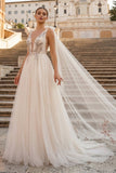 A-line Tulle Embroidery Deep-V Neck Floor-Length Prom Dresses