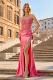 Coral Pink Mermaid Strapless Beaded Satin Long Prom Dresses With Slit