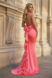 Coral Pink Mermaid V Neck Satin Open Back Long Prom Dresses With Bow