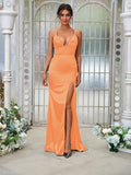 Sheath/Column Silk like Satin Ruched V-neck Sleeveless Sweep/Brush Train Bridesmaid Dresses Evening Dress