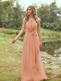 A-Line/Princess Chiffon Ruffles Halter Sleeveless Sweep/Brush Train Bridesmaid Dresses	Evening Prom Dress
